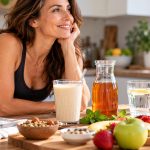 Donna sorridente davanti a un frullato, una bevanda ambrata e frutta fresca