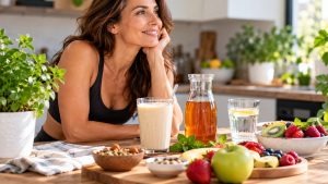 Donna sorridente davanti a un frullato, una bevanda ambrata e frutta fresca