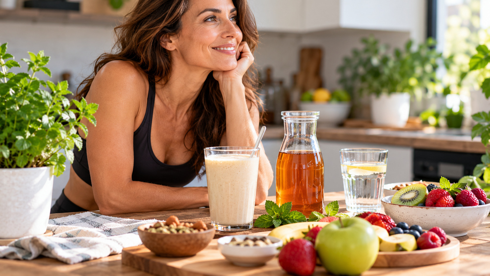 Donna sorridente davanti a un frullato, una bevanda ambrata e frutta fresca