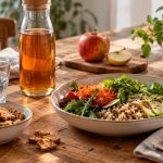 Pasto con verdure, crockis e bevanda detox