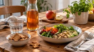 Pasto con verdure, crockis e bevanda detox