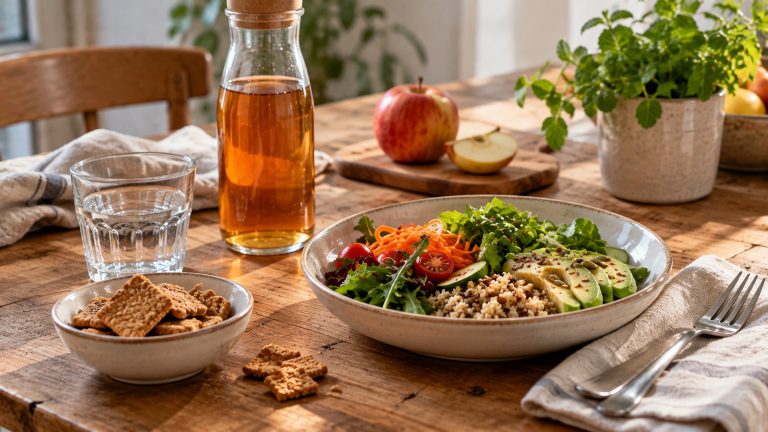Pasto con verdure, crockis e bevanda detox