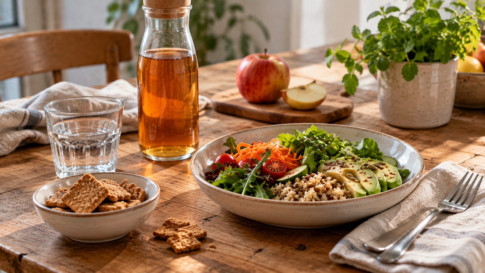 Pasto con verdure, crockis e bevanda detox