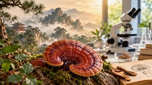 Ganoderma Reishi su un tronco, tra un paesaggio tradizionale cinese e un laboratorio di ricerca moderno.