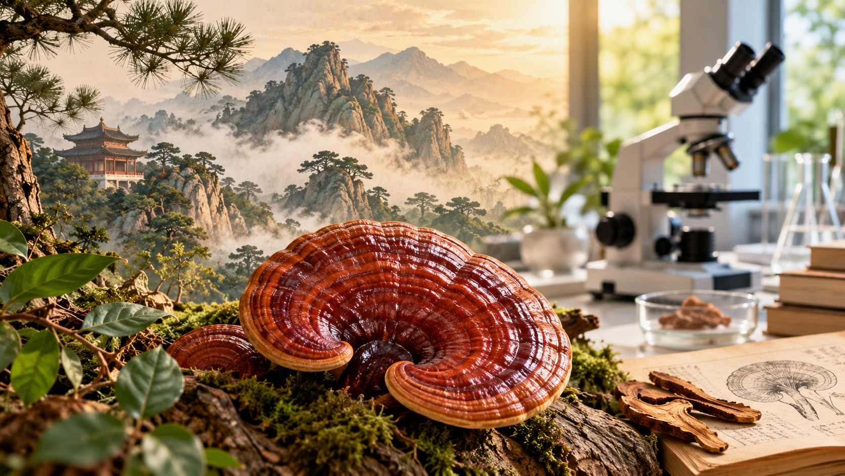 Ganoderma Reishi su un tronco, tra un paesaggio tradizionale cinese e un laboratorio di ricerca moderno.