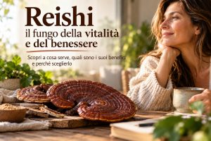 Funghi Reishi Ganoderma lucidum su un tavolo in legno, accanti a una donna che si rilassa con un caffé del benessere
