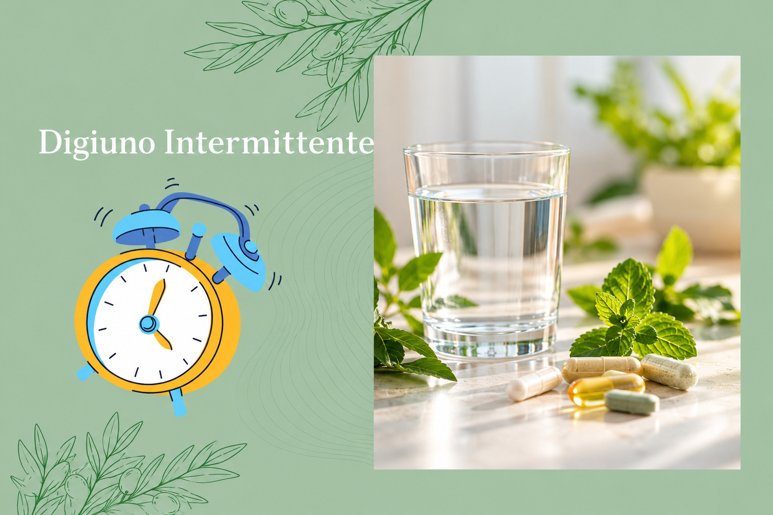 Digiuno intermittente e integratori: sveglia, bicchiere d'acqua e integratori