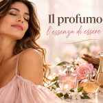 Donna che indossa un profumo, accanto a flaconi di fragranze femminili e fiori.