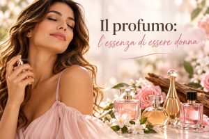 Donna che indossa un profumo, accanto a flaconi di fragranze femminili e fiori.