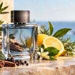Flacone di profumo maschile con agrumi, legni e piante aromatiche.