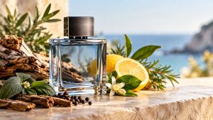 Flacone di profumo maschile con agrumi, legni e piante aromatiche.