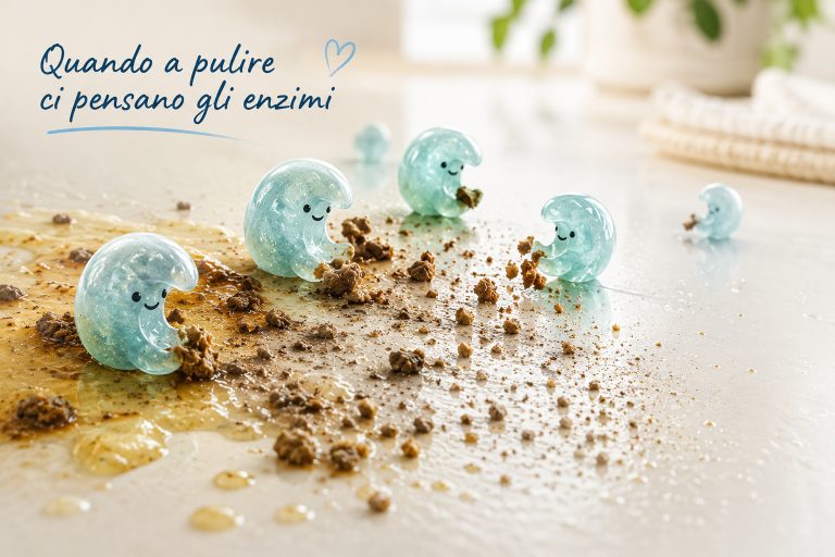 Enzimi che si scompongono residui di grasso e sporco, per spiegare come agisce un detergente enzimatico.