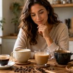 Donna che sceglie tra diverse tazze di caffè funzionale con ginseng, ganoderma