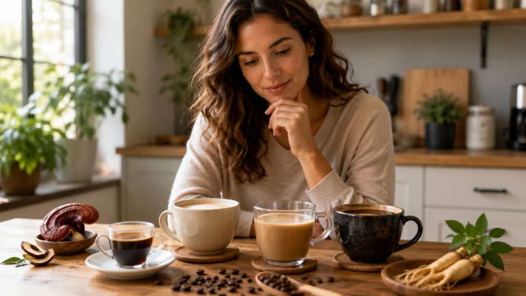 Donna che sceglie tra diverse tazze di caffè funzionale con ginseng, ganoderma