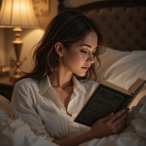 Donna che legge a letto durante un risvegglio notturno