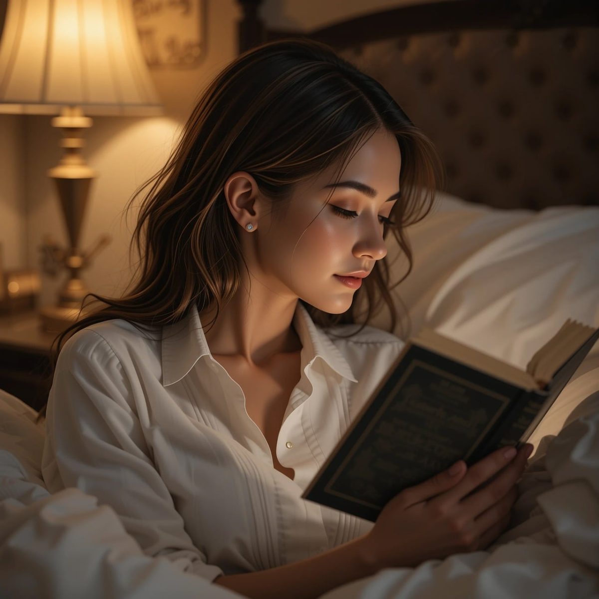 Donna che legge a letto durante un risvegglio notturno