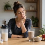 Donna che confronta un frullato proteico e un sostituto del pasto