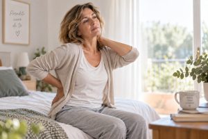 Donna in menopausa con stanchezza e rigidità muscolare