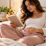 Donna che legge con una mano appoggiata sul basso ventre, rappresenta la consapevolezza di avere avuto informazioni sulla candida, vaginosi e cistite