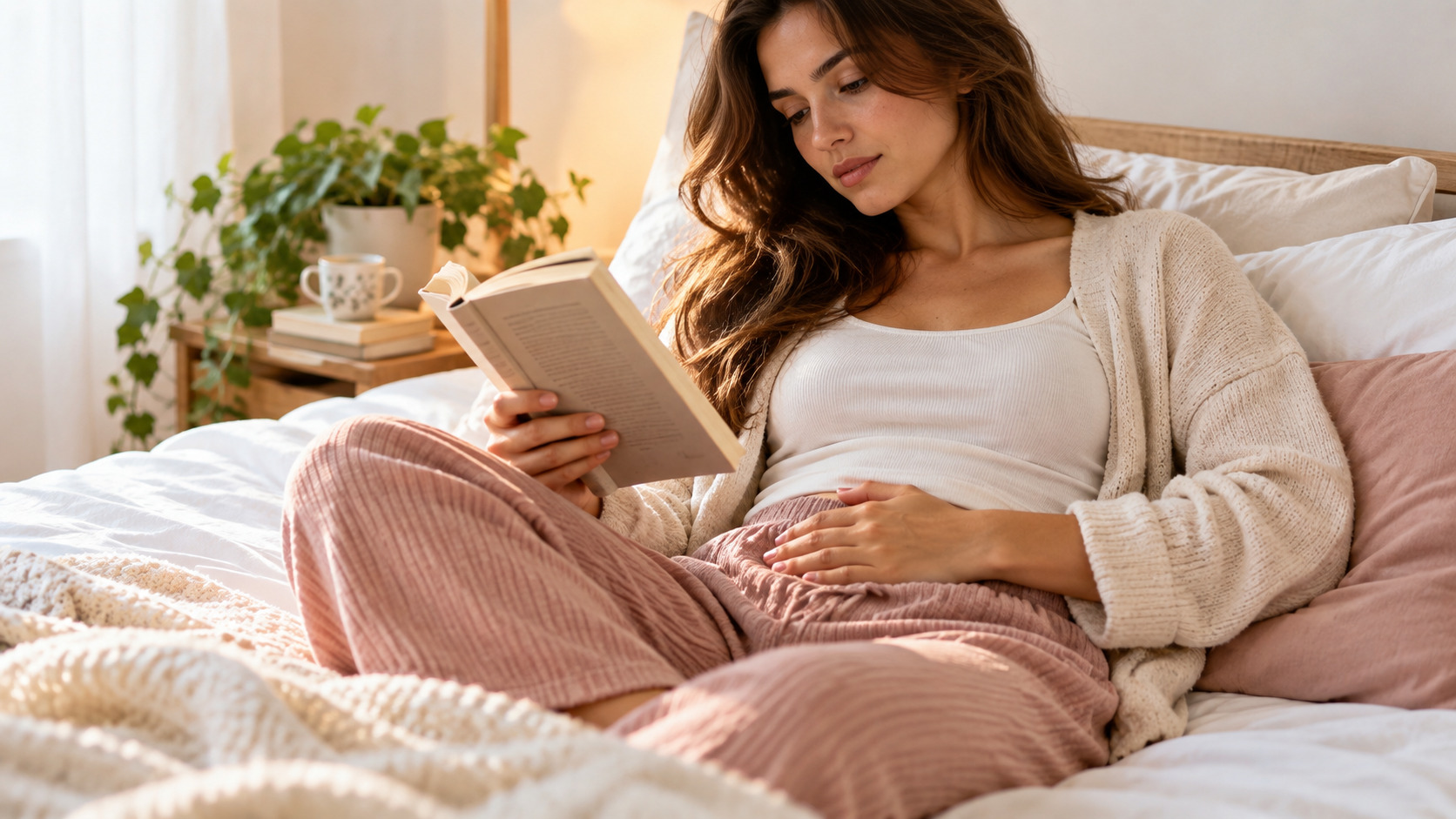 Donna che legge con una mano appoggiata sul basso ventre, rappresenta la consapevolezza di avere avuto informazioni sulla candida, vaginosi e cistite