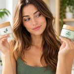 Donna confronta due cosmetici naturali e biologici