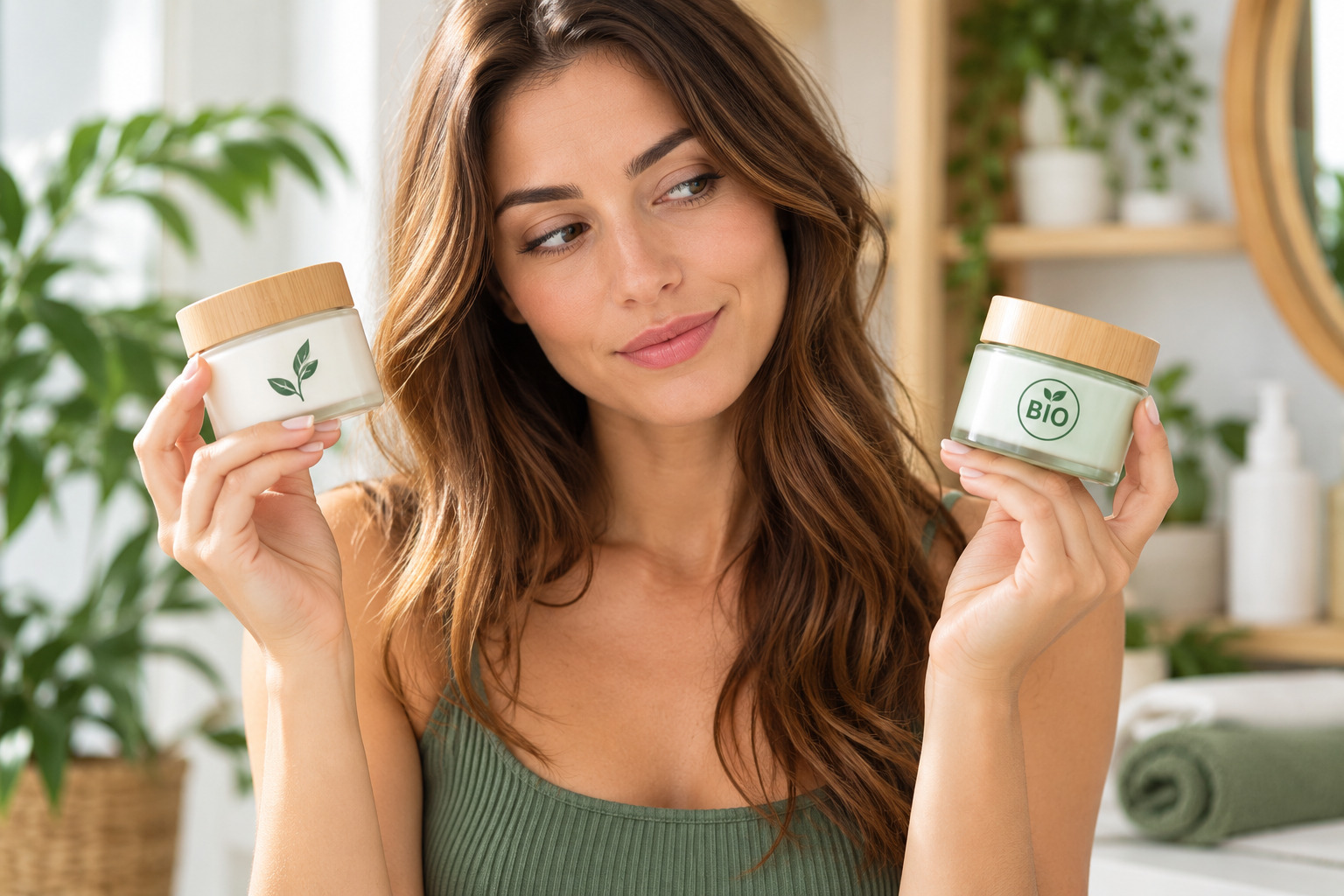 Donna confronta due cosmetici naturali e biologici