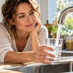 Donna che riempie un bicchiere con l'acqua del rubinetto
