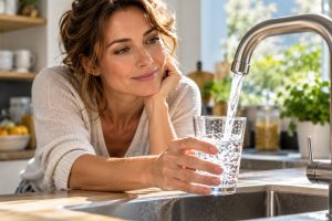 Donna che riempie un bicchiere con l'acqua del rubinetto