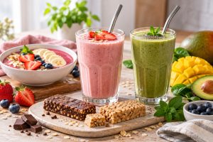 Frullati alla frutta con barrette e smoothie bowl