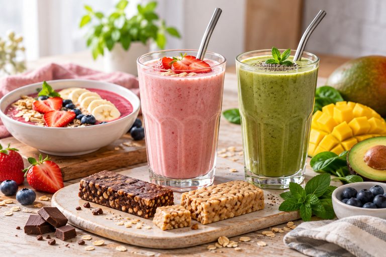 Frullati alla frutta con barrette e smoothie bowl
