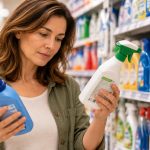 Donna che confronta le etichette di due detergenti al supermercato