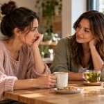 Due donne parlano a un tavolino, una preoccupata e l'altra con un'espressione rassicurante