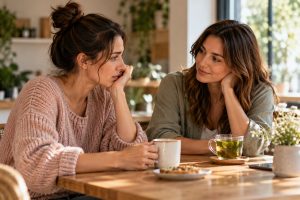 Due donne parlano a un tavolino, una preoccupata e l'altra con un'espressione rassicurante