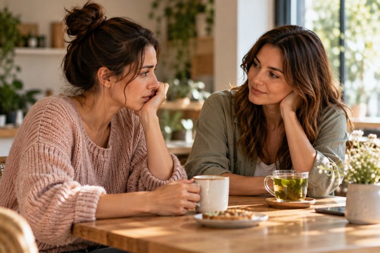 Due donne parlano a un tavolino, una preoccupata e l'altra con un'espressione rassicurante
