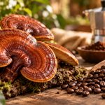 Ganoderma nel caffè con chicchi e moka