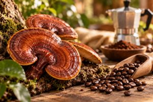 Ganoderma nel caffè con chicchi e moka