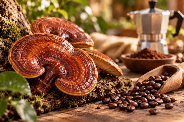 Ganoderma nel caffè con chicchi e moka