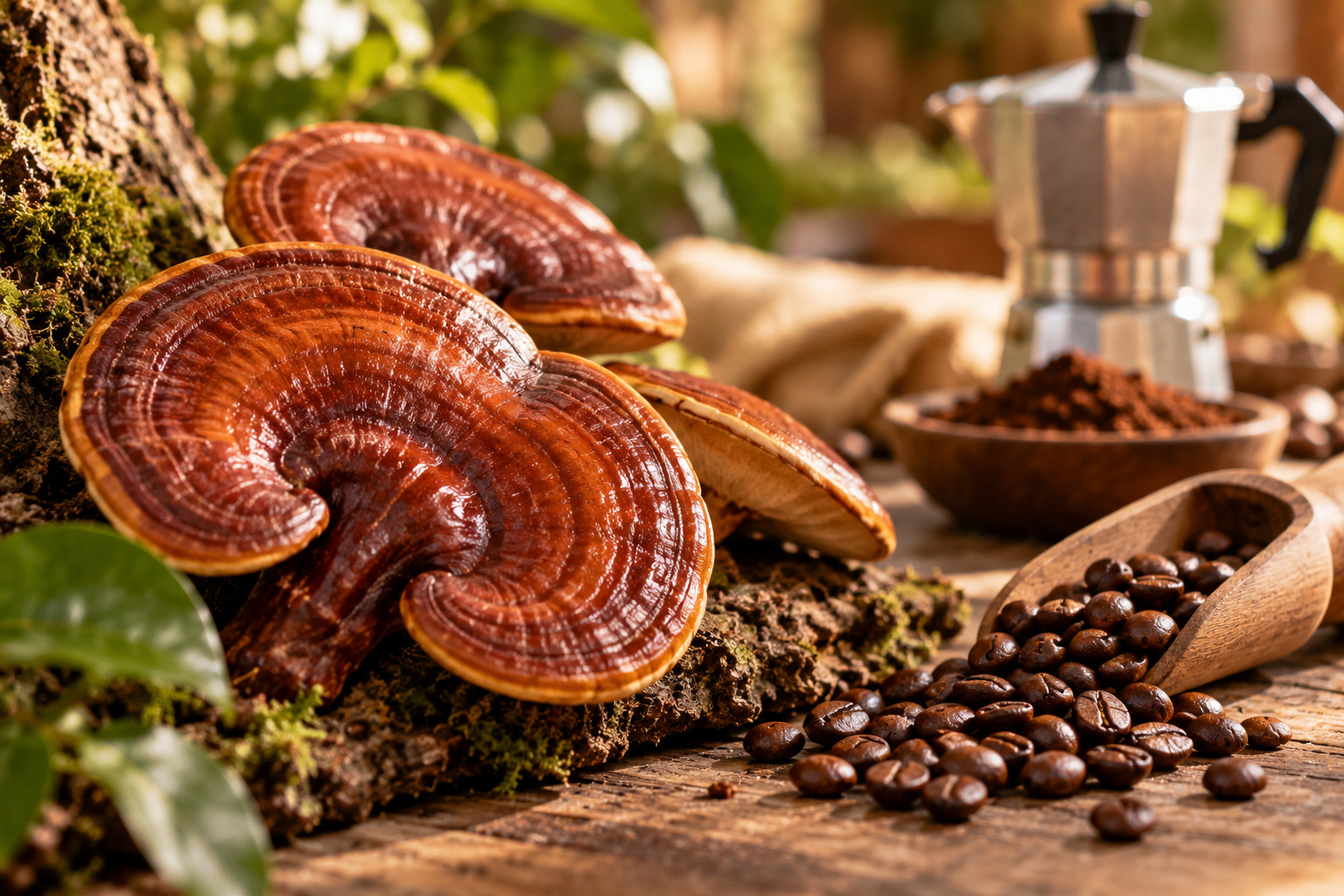 Ganoderma nel caffè con chicchi e moka