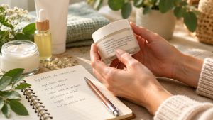 Mani che tengono un vasetto di crema cosmetica accanto a un quaderno con appunti sugli igredienti