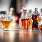 Flaconi di profumo di diverse forme e colori disposti su una superficie
